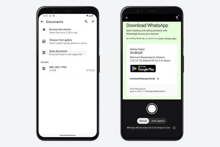 Tangkapan layar tampilan fitur pemindai dokumen di aplikasi WhatsApp. Fitur ini dilengkapi dua mode pengambilan gambar, yakni manual dan otomatis yang bisa dipilih pengguna sesuai kebutuhan. 