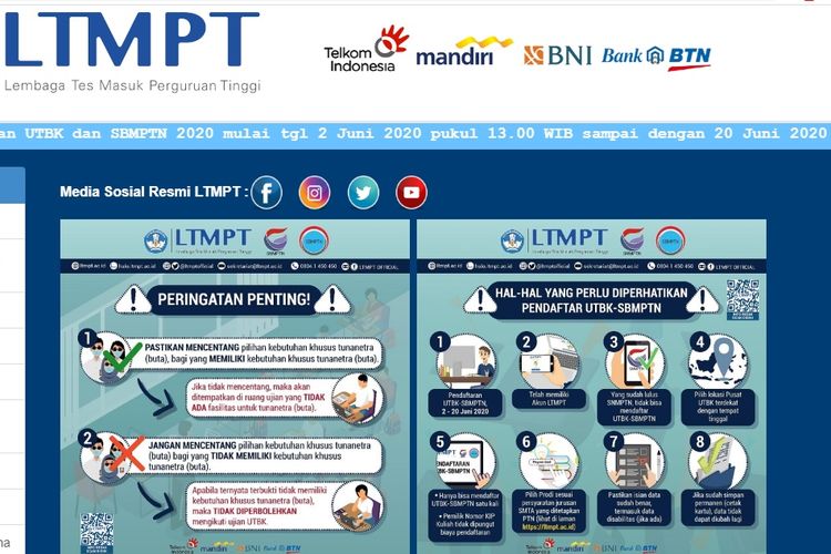 Tangkapan ayar terkait informasi pendaftaran UTBK dan SBMPTN 2020