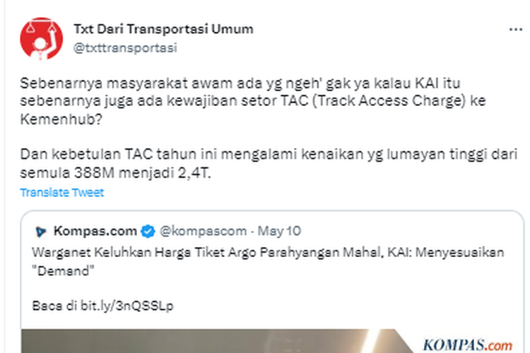 Tangkapan layar twit soal harga tiket kereta api mahal karena KAI harus setor TAC ke Kemenhub