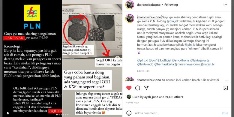 Tangkapan layar unggahan tagihan denda PLN sebesar Rp 68 juta diduga karena segel tidak asli.(Instagram: @sharonwicaksono)