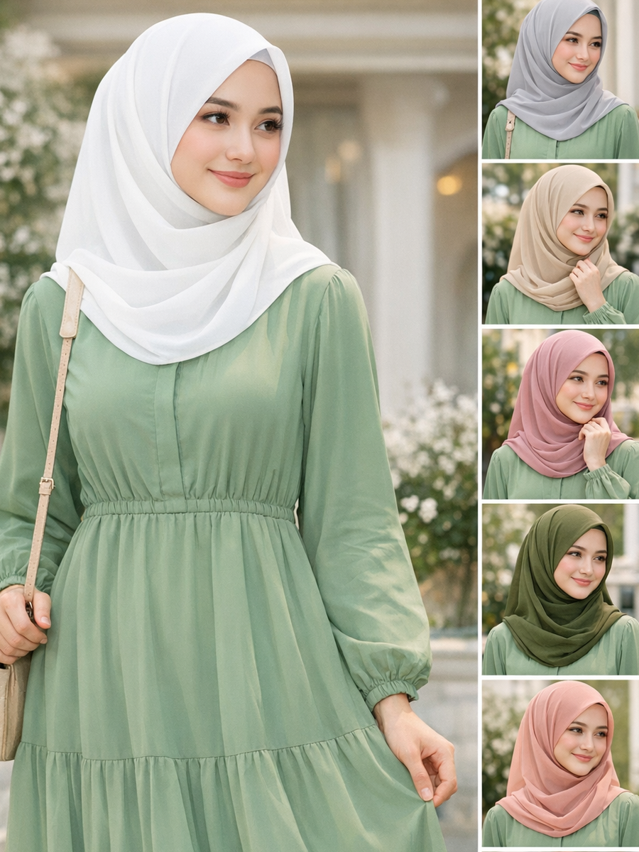 Mix & Match Gamis Sage Green Lembut Tenang dan Elegan.

