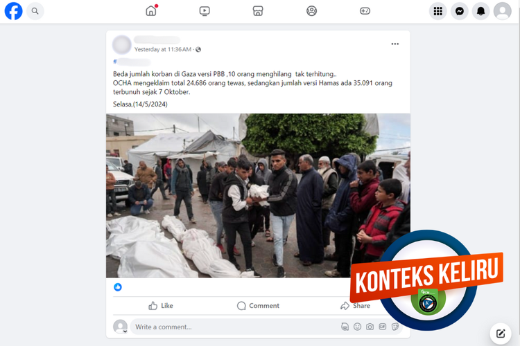 Tangkapan layar konten dengan konteks keliru di sebuah akun Facebook, Selasa (14/5/2024), soal pengurangan data korban jiwa warga Palestina di Gaza.