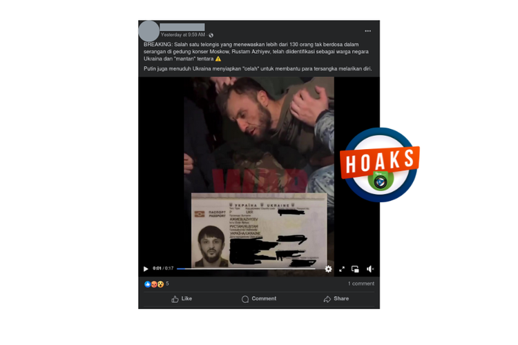 Hoaks, pelaku penyerangan konser di dekat Moskow adalah warga negara Ukraina