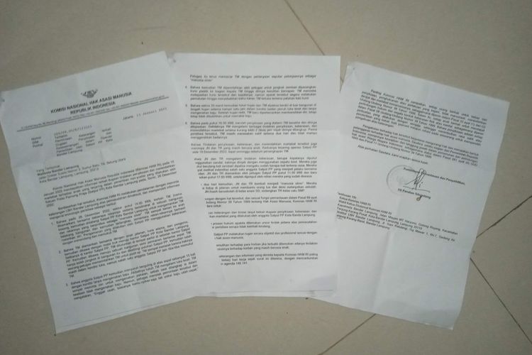 Salinan surat permintaan keterangan Komnas HAM yang ditujukan kepada Wali Kota Bandar Lampung Eva Dwiana terkait penyiksaan manusia silver.