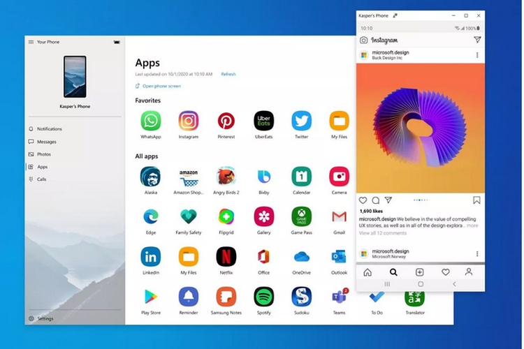 Tampilan aplikasi Your Phone yang tengah menjalankan aplikasi Android pada komputer berbasis Windows 10