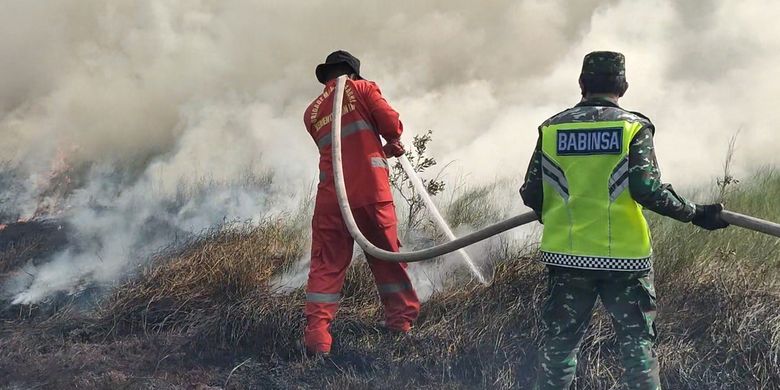 Petugas pemadam dari Manggala Agni dan TNI-Polri melakukan proses pemadaman kebakaran lahan di Desa Ulak Petangisan Kecamatan Pemulutan Barat Ogan Ilir Sumatera Selatan, Selasa (4/8/2020)