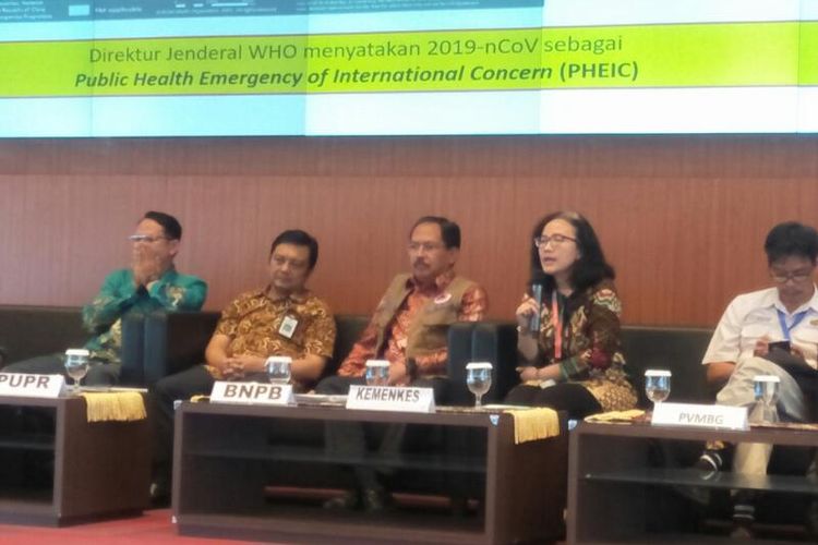Kepala Subdirektorat Penyakit Infeksi Emerging Kementerian Kesehatan Endang Budi Hastuti dalam acara Konferensi Pers Penanggulangan Bencana di Graha BNPB, Jakarta, Jumat (31/1/2020)