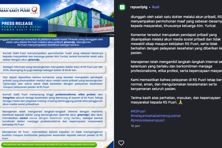 Nakesnya Diduga Hina Pasien BPJS yang Meninggal, Manajemen RS Pusri Palembang Minta Maaf