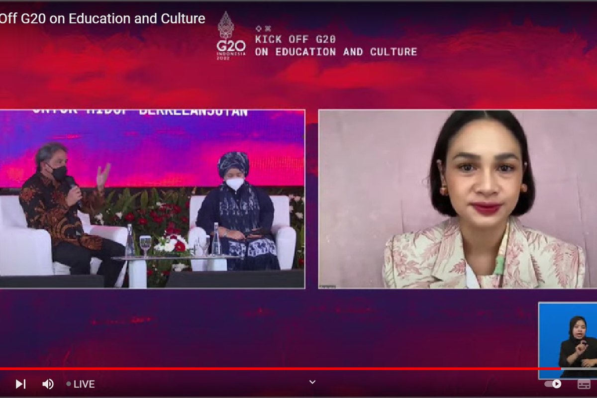 Andien Aisyah menjadi pembicara dalam acara Kick Off G20 'Jalan Budaya Untuk Hidup Berkelanjutan' yang diadakan secara luring dan daring, Rabu (9/2/2022). 