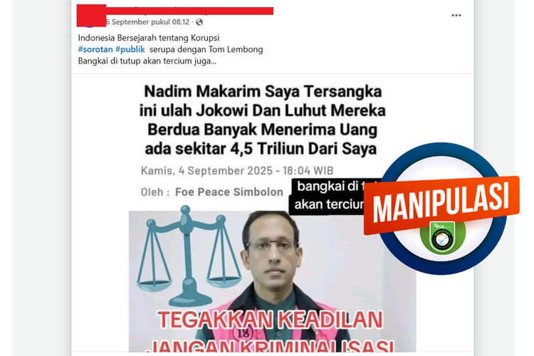 Tangkapan layar judul artikel yang menyebut Nadiem Makarim menyebut penetapannya sebagai tersangka karena ulah Jokowi dan Luhut
