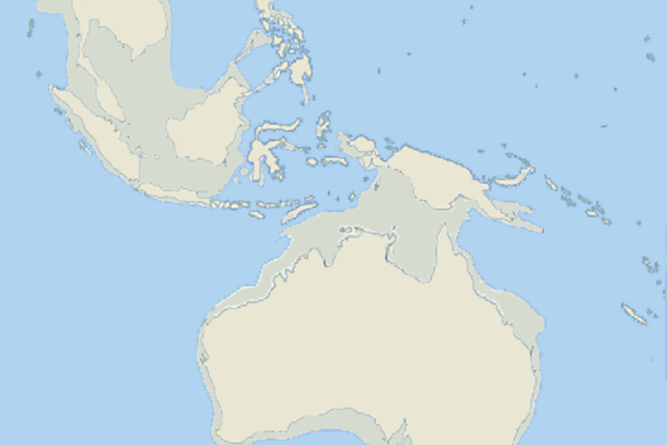 Dangkalan Sunda (atas kiri) yang terdiri dari Asia, Pulau Sumatera, Pulau Jawa, dan Pulau Kalimantan. Dangkalan Sahul (bawah kanan) terdiri dari Pulau Papua dan Australia.