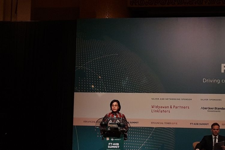 Menteri Keuangan Sri Mulyani Indrawati dalam seminar Asian Infrastructure Investment Bank (AIIB) di Grand Hyatt, Jakarta, Selasa (26/11/2019).