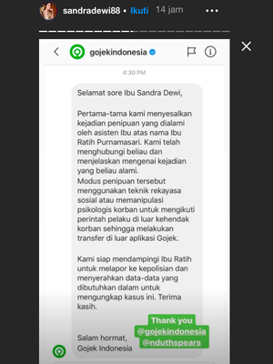 Tangkapan layar Insta Story Sandra Dewi, menunjukan pihak Gojek akan bantu lapor polisi terkait kasus penipuan yang dialami asisten Sandra Dewi