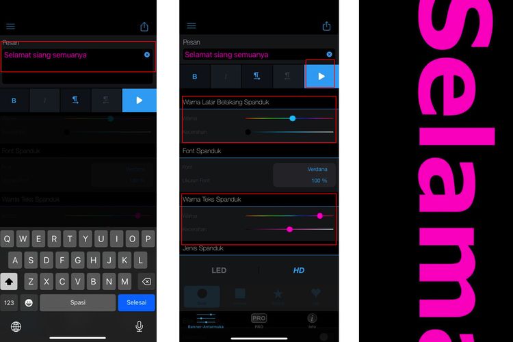 Ilustrasi cara membuat tulisan berjalan di HP dengan aplikasi LED Banner pada iPhone.