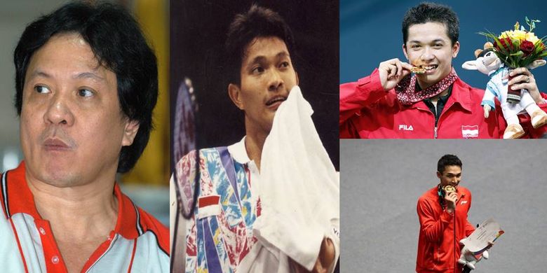 Pemain tunggal putra Indonesia yang pernah meraih emas di Asian Games. Dari kiri ke kanan: Lim Swie King,  Haryanto Arbi, Taufik HIdayat, dan Jonatan Christie.