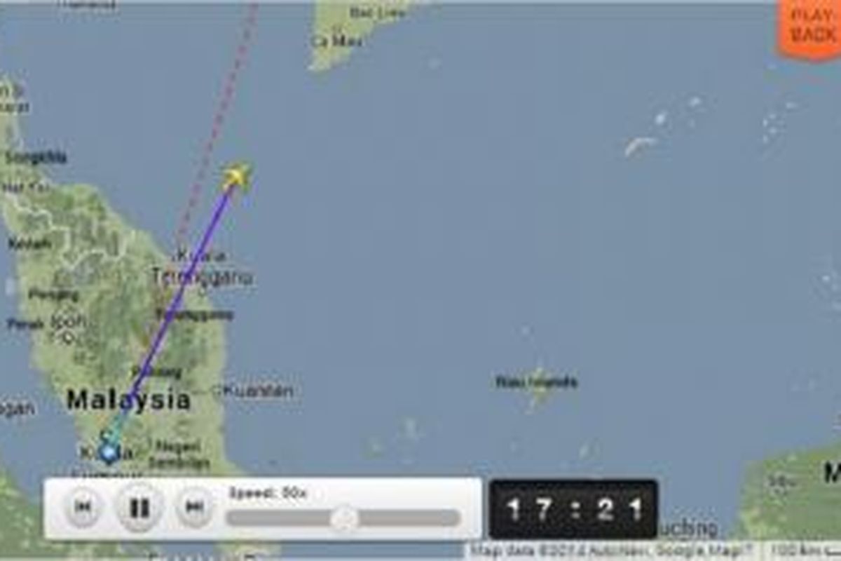 Flightradar merekam perjalanan MH370 sebelum dinyatakan hilang pada Sabtu (8/3/2014).