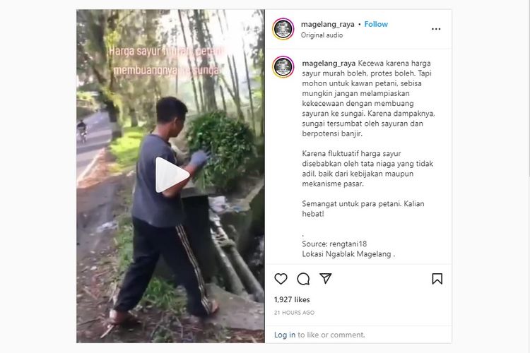 Sebuah video memperlihatkan seorang laki-laki membuang sayuran ke sungai di kawasan Kecamatan Ngablak, Kabupaten Magelang, Jawa Tengah. Video ini viral dan menuai ragam komentar warganet sejak Kamis (26/1/2023).