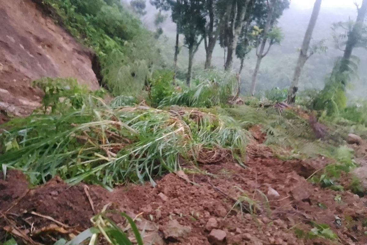 LONGSOR--Jalan alternatif Madiun menuju wisata Telaga Ngebel, Kabupaten Ponorogo, Jawa Timur tertimbun tanah longsor setelah hujan mengguyur lereng Gunung Wilis lebih dari lima jam, Selasa (28/1/2025) sore.