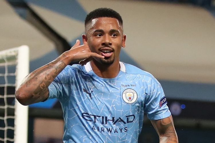 Striker Manchester City asal Brasil, Gabriel Jesus, melakukan selebrasi Alo Mae setelah mencetak gol kedua timnya selama pertandingan babak 16 besar Liga Champions antara Manchester City dan Real Madrid di Stadion Etihad, pada 7 Agustus 2020 lalu.