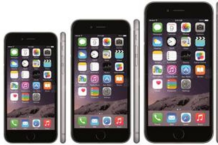 Ilustrasi perbandingan ukuran iPhone 6 mini (kiri) dengan iPhone 6 dan iPhone 6 Plus