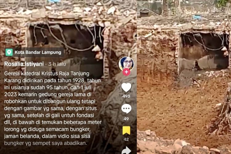 Kolase bidik layar video unggahan tiktoker yang menyebut ada bunker peninggalan zaman Belanda di bawah Gereja Katedral Kristus Raja Tanjung Karang.