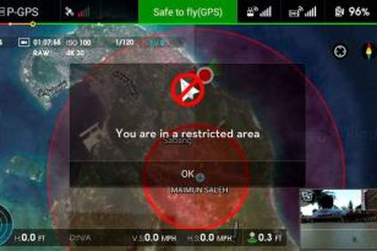 Peringatan yang muncul saat akan menerbangkan drone di kawasan dekat dengan Bandar Udara Maimun Saleh, Sabang.