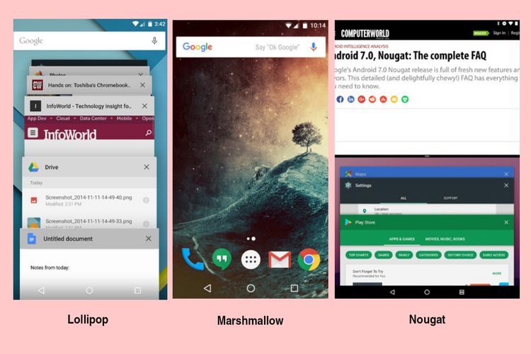 Tampilan Android Lollipop, Marshmallow, dan Nougat.