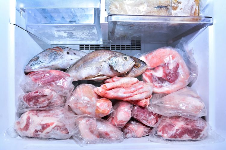 Ilustrasi daging sapi, ayam, dan ikan di freezer. 