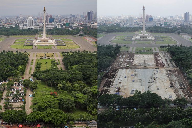 Foto sebelum dan sesudah kawasan Monumen Nasional sisi selatan yang pohonnya ditebang.