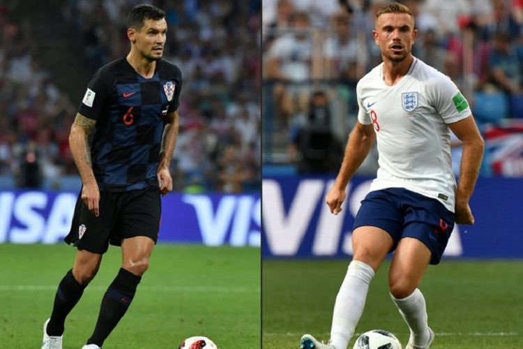 Dua pemain Liverpool, Dejan Lovren dan Jordan Henderson, akan saling berhadapan ketika Kroasia berhadapan dengan Inggris di semifinal Piala Dunia 2018, 11 Juli 2018. 