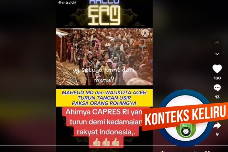Tangkapan layar TikTok narasi yang mengeklaim Mahfud MD dan wali kota di Aceh mengusir paksa pengungsi Rohingya