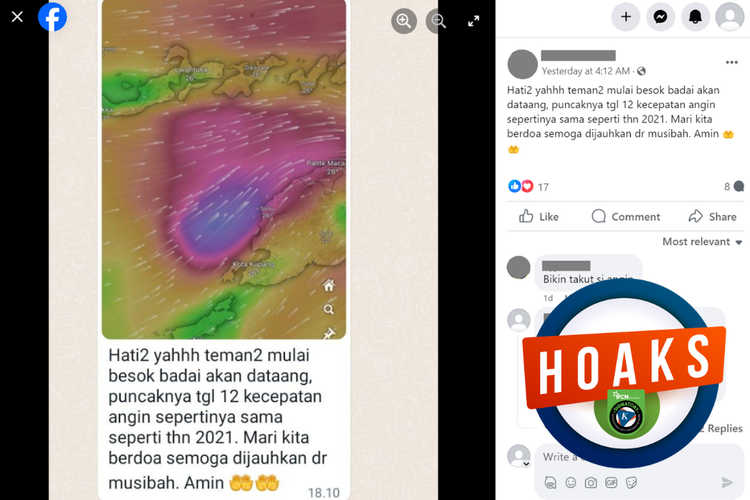 Tangkapan layar konten hoaks di sebuah akun Facebook, soal adanya badai di Kupang, NTT pada Selasa (12/3/2024).