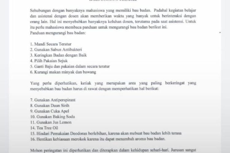 surat pemberitahuan kepada mahasiwa tatacara menjaga bau badan saat belajar di kampus *** Local Caption *** Banda Aceh