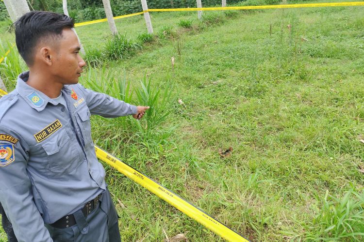 Seorang linmas menunjukkan lokasi ditemukannya jasad DCN  (7) di Kecamatan Kalibaru. Selain menjadi korban pembunuha, DCN diduga menjadi korban kekerasan seksual.