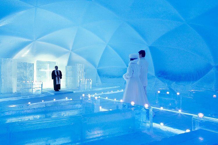 Ilustrasi Ice Chapel atau Kapel Es yang ada di Ice Village di Hokkaido, Jepang.