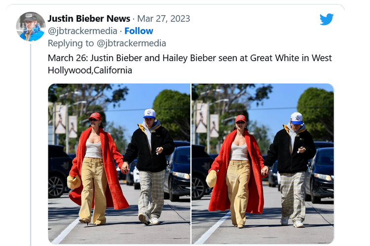 Justin Bieber dan sang istri Hailey saat tertangkap kamera di Hollywood, AS.