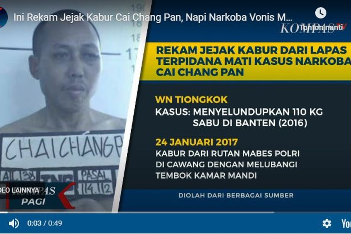 Terpidana hukuman mati dalam kasus narkoba, Cai Changpan kabur dari sel tahanan Lapas Kelas I Tangerang dengan cara membuat gorong-gorong.