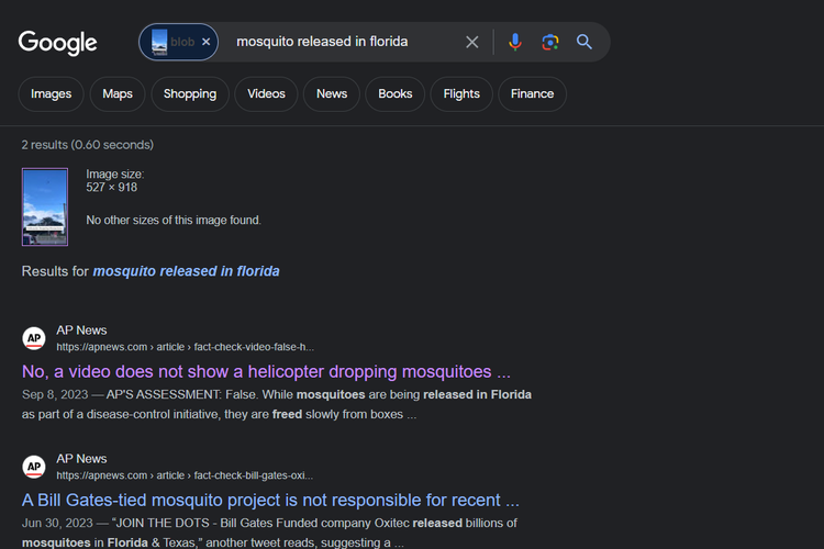 Tangkapan layar pencarian gambar di Google, mengarahkan ke artikel cek fakta Associated Press, 8 September 2023.