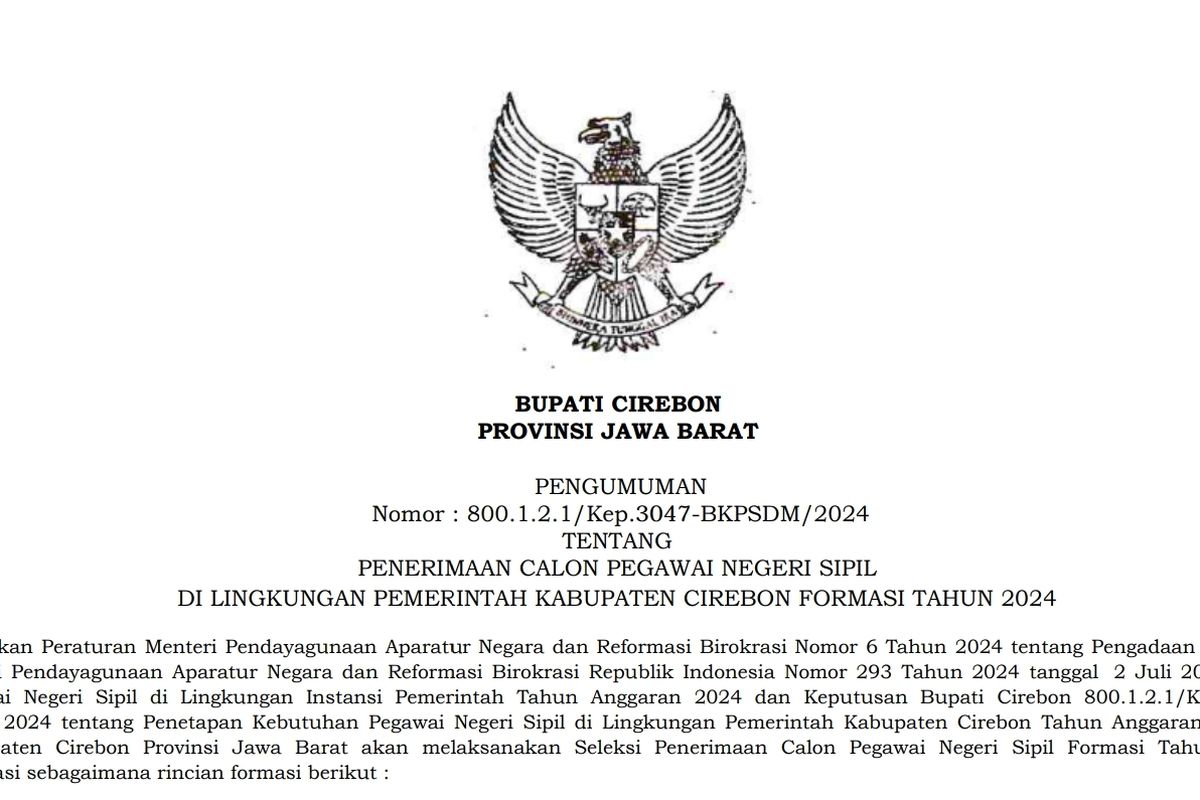 Pengumuman dan formasi CPNS 2024 di lingkungan Pemerintah Kabupaten Cirebon.
