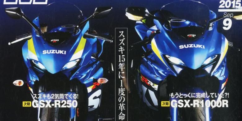 Tampang Suzuki GSX-R250 dan GSX-R1000R yang dipajang di halaman depan majalah Young Machine, Jepang.