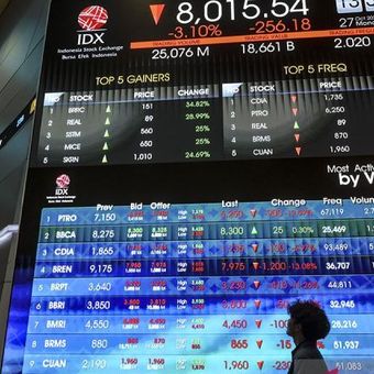 Pengunjung melintas di depan layar yang menampilkan pergerakan harga saham di Bursa Efek Indonesia, Jakarta, Senin (27/10/2025).