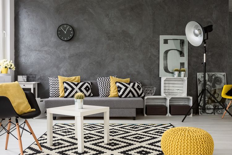 Ilustrasi ruang keluarga dengan nuansa warna hitam, putih, dan krem. 