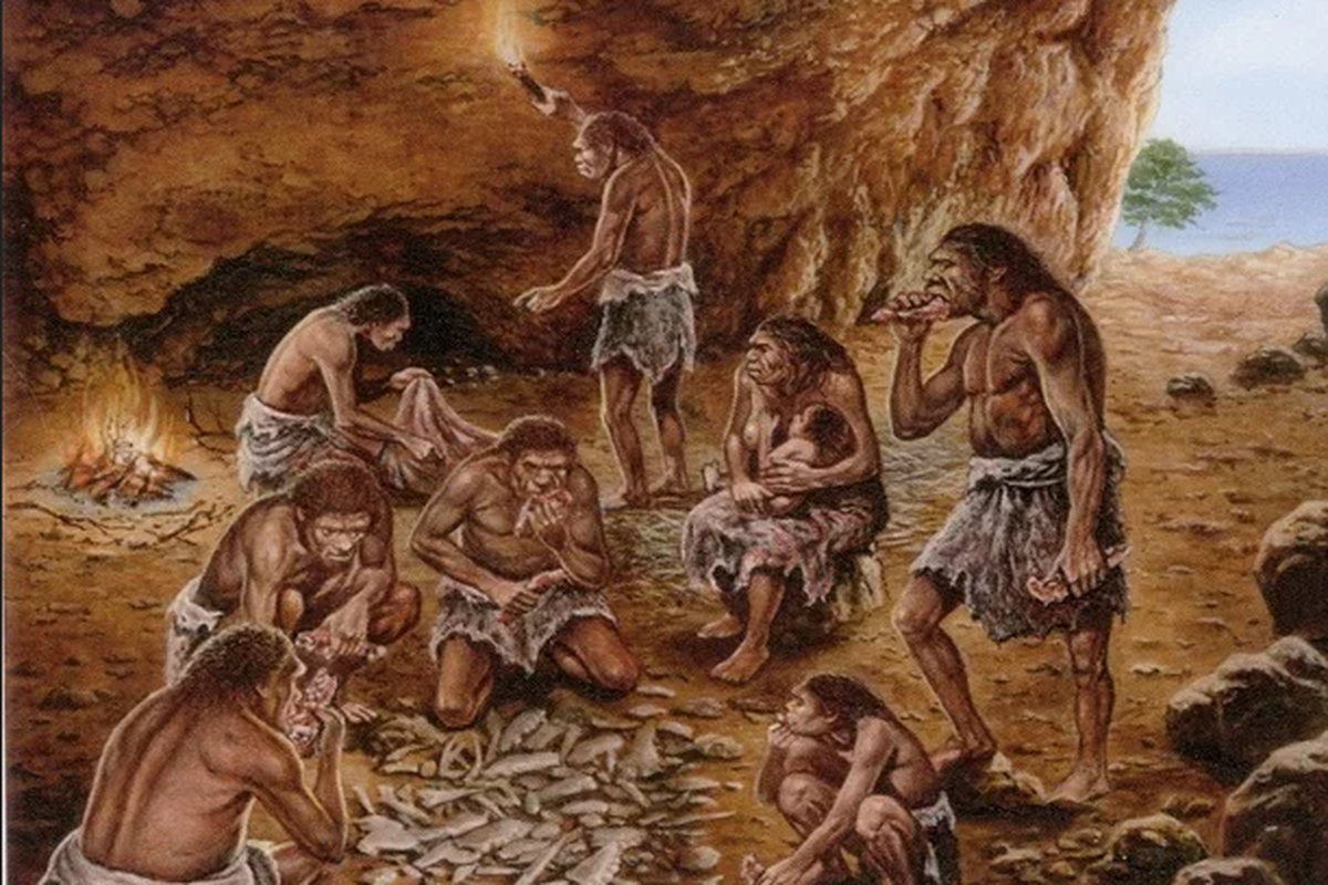 Ilustrasi manusia purba di dalam gua