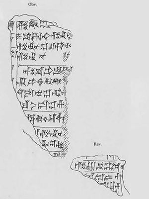 Instruksi untuk memainkan sebuah lagu yang dipahat di atas tablet dari era Babylonia Kuno. Gambar diambil dari Journal of Cuneiform Studies Vol. 38, No. 1, Spring, 1986.