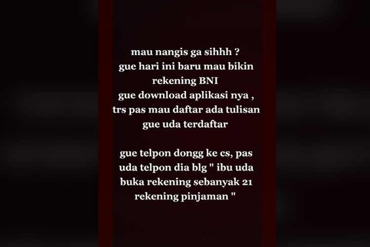 Tangkapan  layar video viral wanita tak bisa buka rekening BNI, data diduga sudah terdaftar di 21 rekening pinjaman.