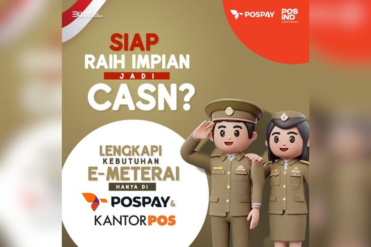 Salah satu syarat pendaftaran seleksi CASN 2024 pembubuhan e-Materai di dokumen. Jangan sampai salah ya. Beli e-Materai di Pospay dan Kantor Pos. 