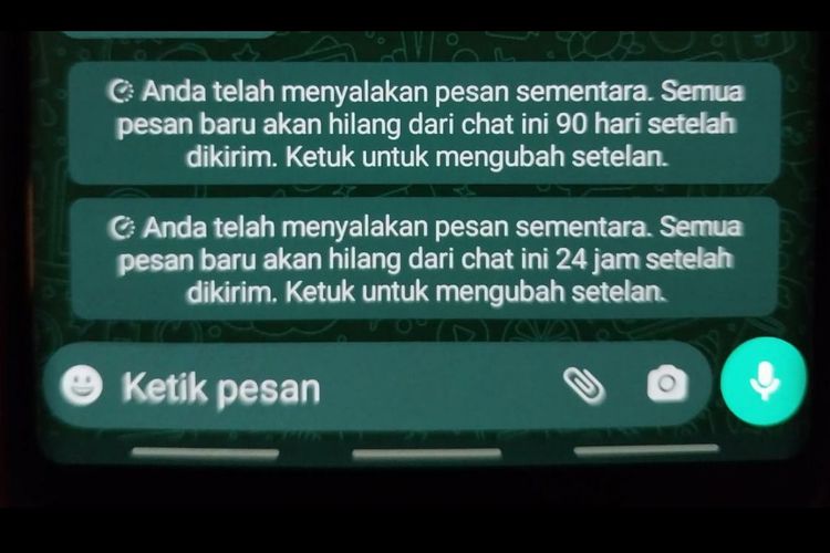 Banner peringatan yang muncul bisa fitur pesan sementara WhatsApp diaktifkan. Keterangan tersebut ikut menyantumkan durasi berapa lama pesan akan bertahan di ruang obrolan.