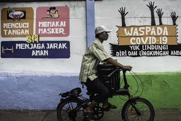 Warga berjalan melewati sebuah mural dengan pesan waspada penyebaran virus Corona di Petamburan, Jakarta, Rabu (16/9/2020).  Mural tersebut dilakukan untuk mengingatkan masyarakat agar menerapkan protokol kesehatan saat berwisata akibat tingginya kasus COVID-19 di tanah air.  ANTARA FOTO / Aprillio Akbar / aww.