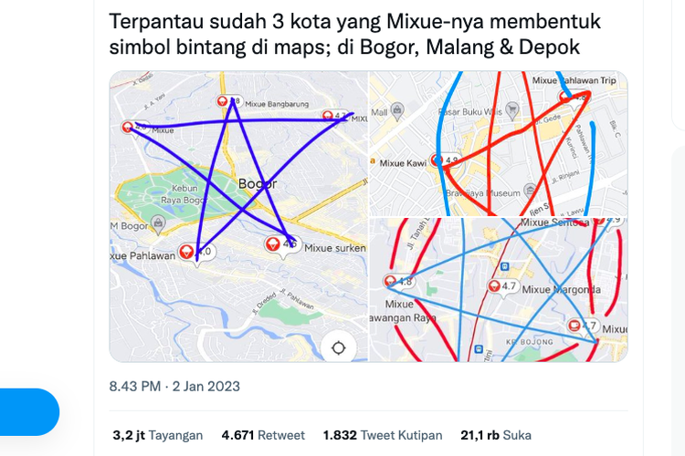 Tangkapan layar soal gerai Mixue di sejumlah kota disebut membentuk tanda bintang. Bagaimana penentuan lokasinya?
