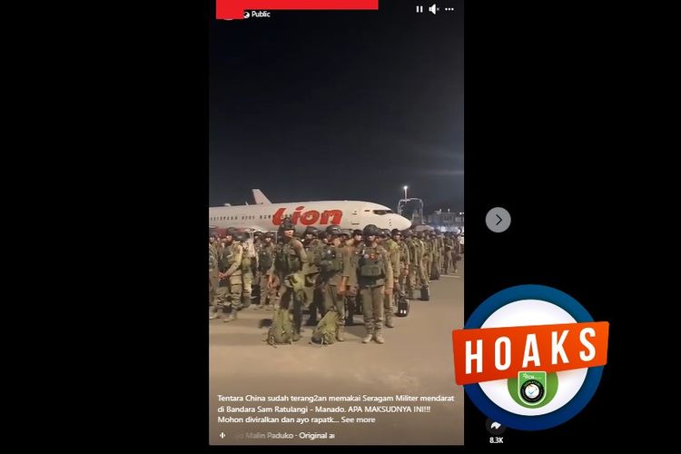 Tangkapan layar Facebook narasi yang menyebut sejumlah tentara China mendarat di Manado